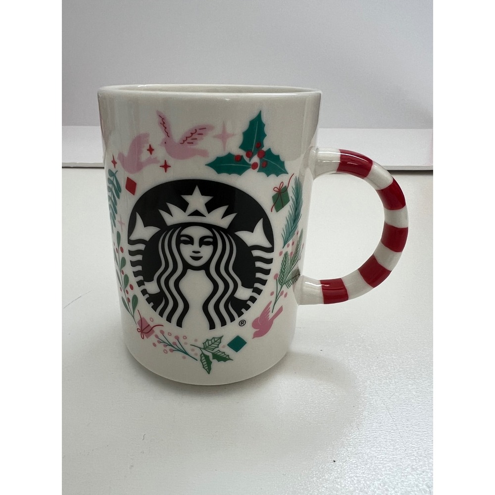 Starbucks Holiday Mug 12oz Candy Cane Handle Siren Logo Winter‎ Greenery Ceramic